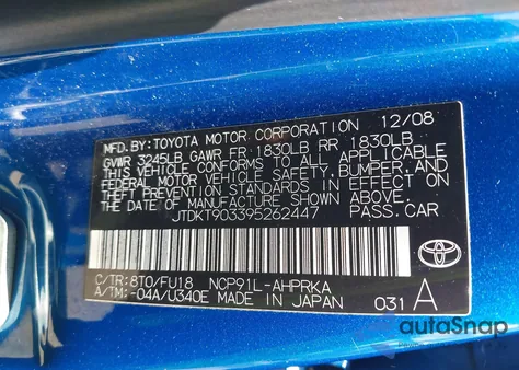 2009 Toyota Yaris from USA, damaged, VIN JTDKT903395262447